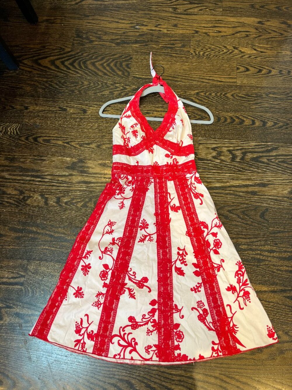 Zinc Halter Dress with Red flowers on light pink with Red lace Trim - Size XS